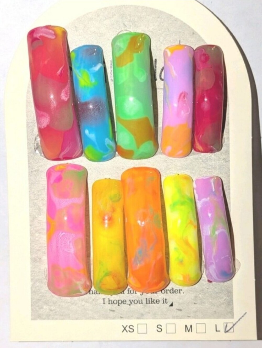 Hand CRAFTED 2XL Curved Vibrant Multicolor Swirl Press-On Nail Set Size Large